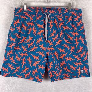 Tom & Teddy Swim Trunks Mens L Blue Orange Gecko AOP Drawstring Beach Surf Pool